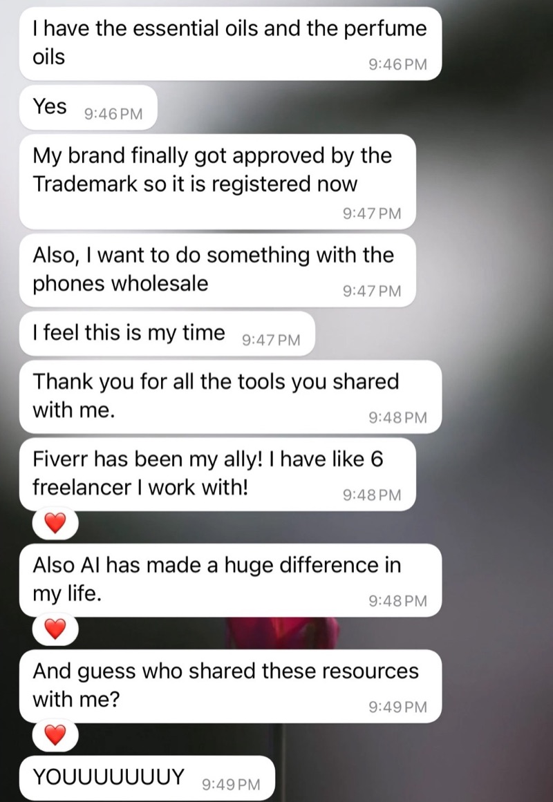 WhatsApp message: her trademark got approved, she hired six freelancers, and the AI resources Yane shared made a huge difference in her life