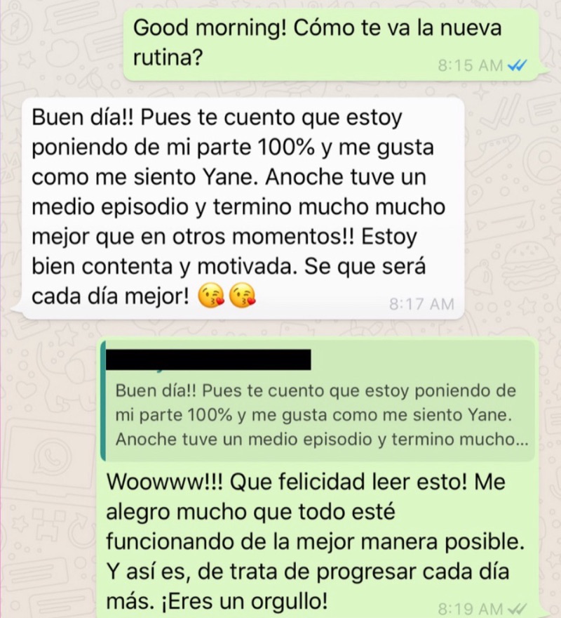 Mensaje de WhatsApp: una clienta cuenta que anoche un episodio dificil termino mucho mejor y que se siente contenta y motivada