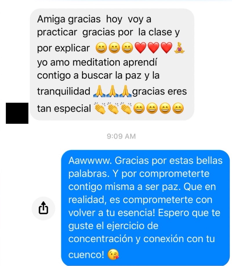 Mensaje de Messenger: una estudiante de meditacion le agradece a Yane por ensenarle a buscar la paz y la tranquilidad